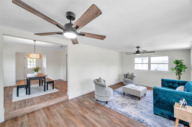 living room with wood-type flooring, a textured ceiling, and a wealth of natural light