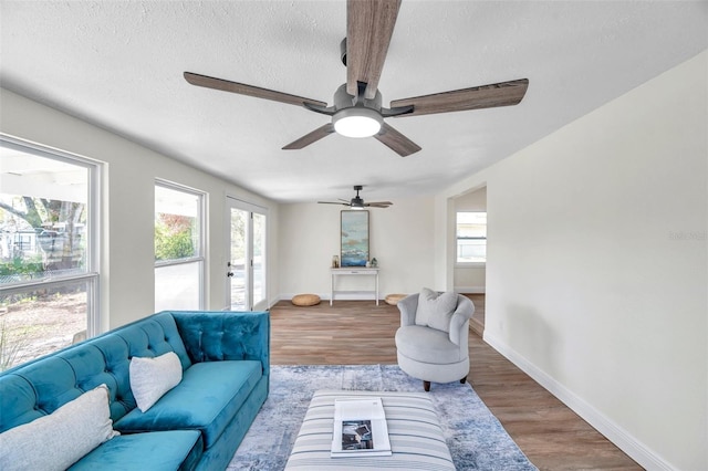 living room featuring wood-type flooring and a textured ceiling