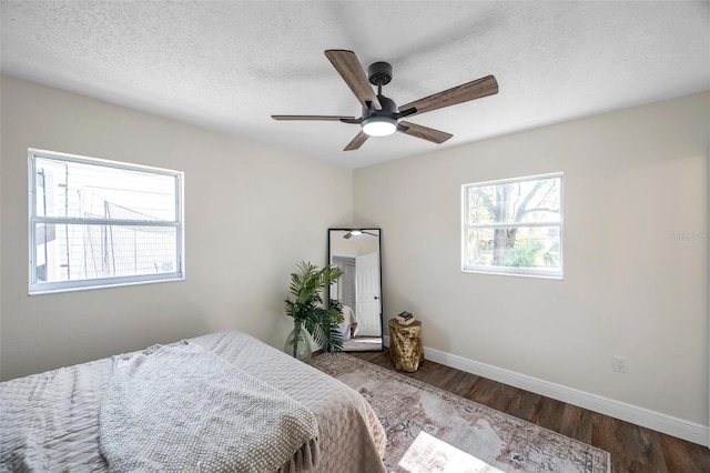 bedroom featuring multiple windows, dark hardwood / wood-style floors, and a textured ceiling