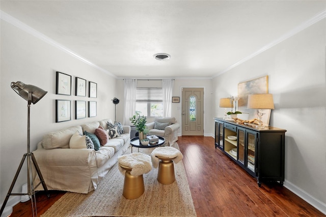 living room featuring dark wood-type flooring and ornamental molding