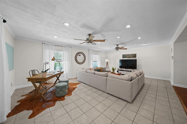 living room with crown molding, ceiling fan, a textured ceiling, and light tile patterned floors