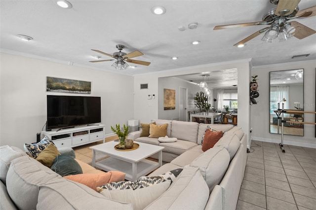 tiled living room with crown molding and ceiling fan