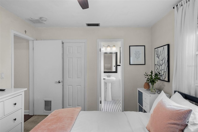 bedroom with connected bathroom, carpet floors, a closet, and ceiling fan