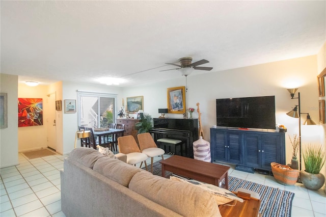 living room with light tile patterned floors and ceiling fan