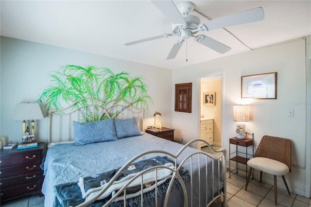 tiled bedroom with ensuite bath and ceiling fan