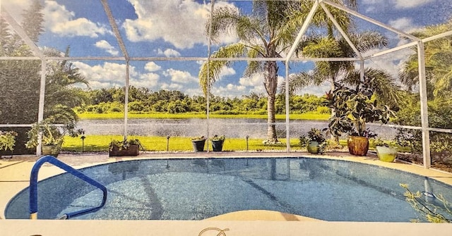 view of swimming pool with a water view and glass enclosure