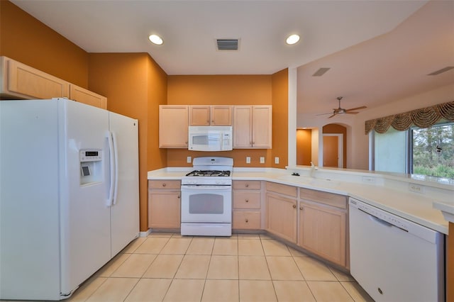 kitchen with light brown cabinetry, white appliances, light tile patterned floors, kitchen peninsula, and ceiling fan