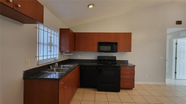 kitchen with light tile patterned flooring, lofted ceiling, sink, and black appliances