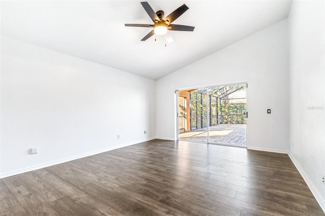 unfurnished room featuring high vaulted ceiling, dark wood-type flooring, and ceiling fan