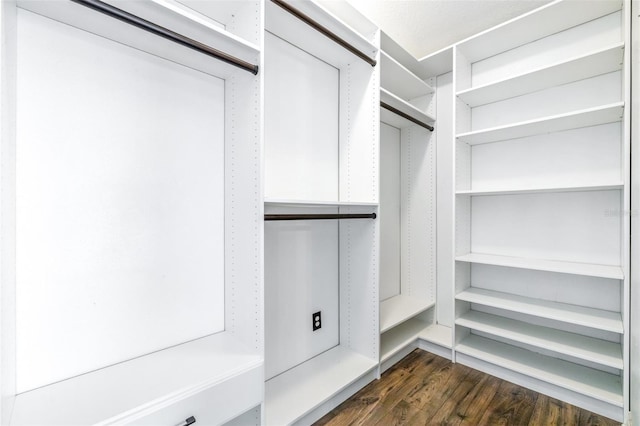 walk in closet with dark wood-type flooring