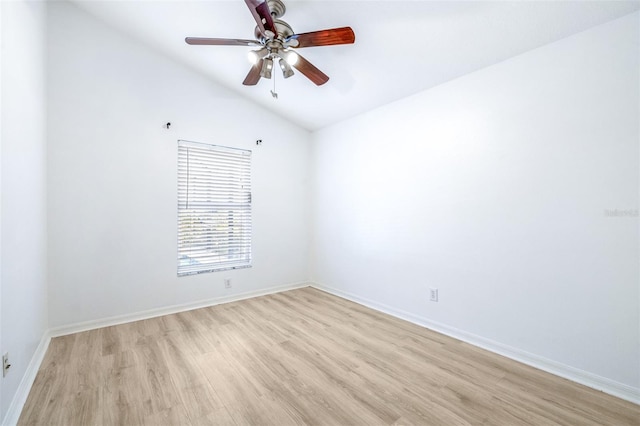 unfurnished room with ceiling fan, lofted ceiling, and light hardwood / wood-style floors