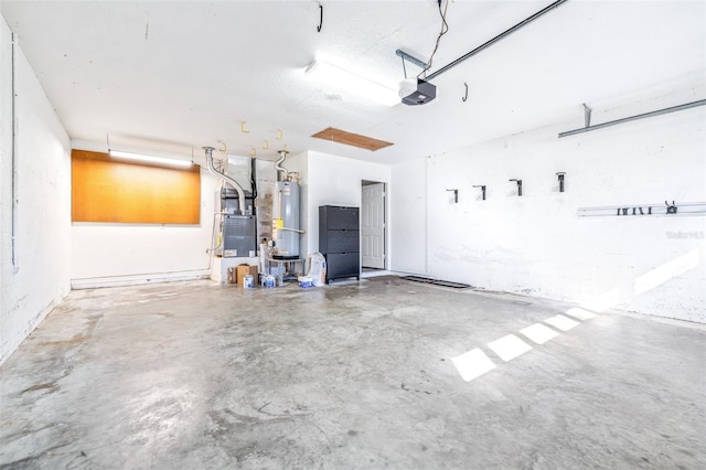 garage featuring a garage door opener, gas water heater, and heating unit