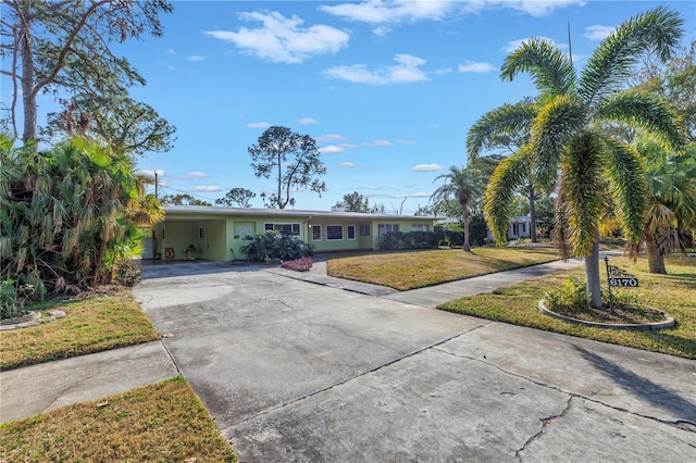 view of front of home featuring an attached carport, concrete driveway, and a front yard