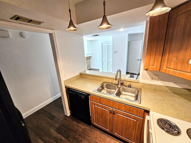 kitchen with black dishwasher, sink, hanging light fixtures, white electric range oven, and dark wood-type flooring