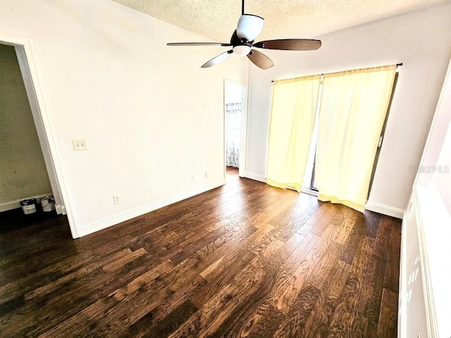 unfurnished bedroom featuring ceiling fan, dark hardwood / wood-style floors, a closet, and a textured ceiling