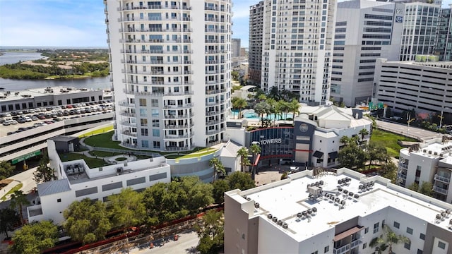 drone / aerial view with a water view