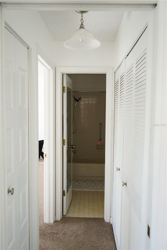 hallway with light colored carpet