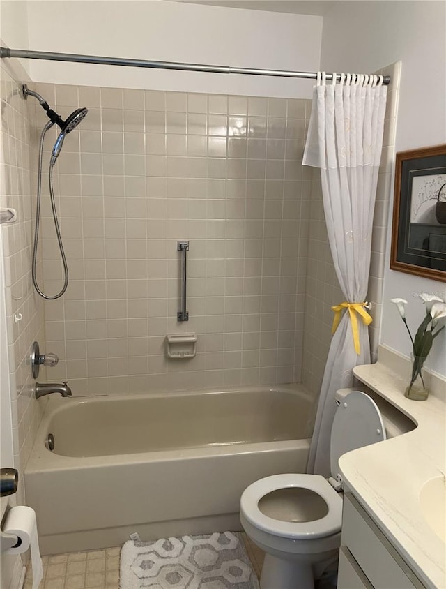 full bathroom with vanity, shower / bathtub combination with curtain, and toilet