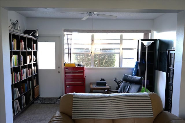 living area featuring carpet, a textured ceiling, and ceiling fan