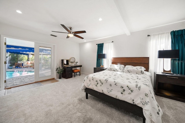 carpeted bedroom featuring access to outside, beamed ceiling, and ceiling fan