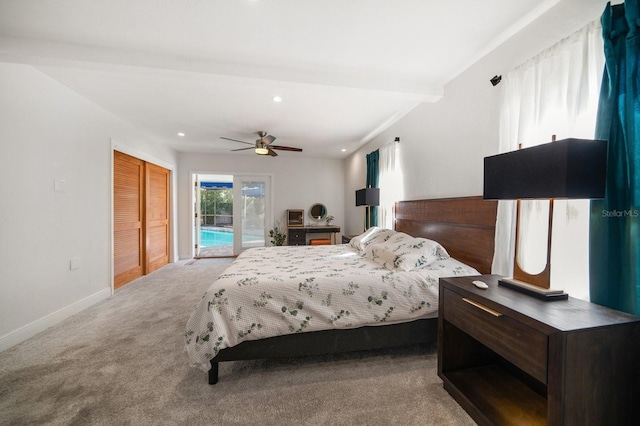 bedroom with ceiling fan, access to exterior, carpet flooring, a closet, and beamed ceiling