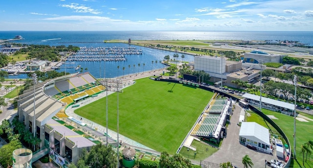 birds eye view of property with a water view