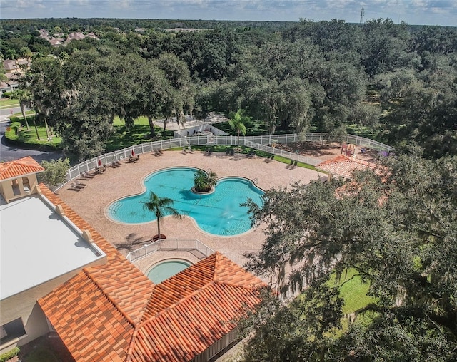 view of pool with a hot tub and a patio