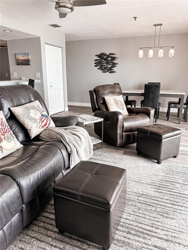 living room featuring hardwood / wood-style flooring and a textured ceiling