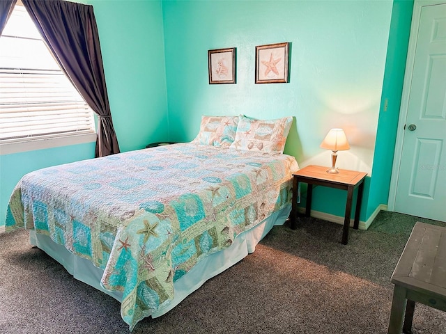 bedroom featuring dark colored carpet