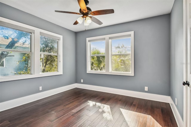 spare room featuring a wealth of natural light, hardwood / wood-style floors, and ceiling fan