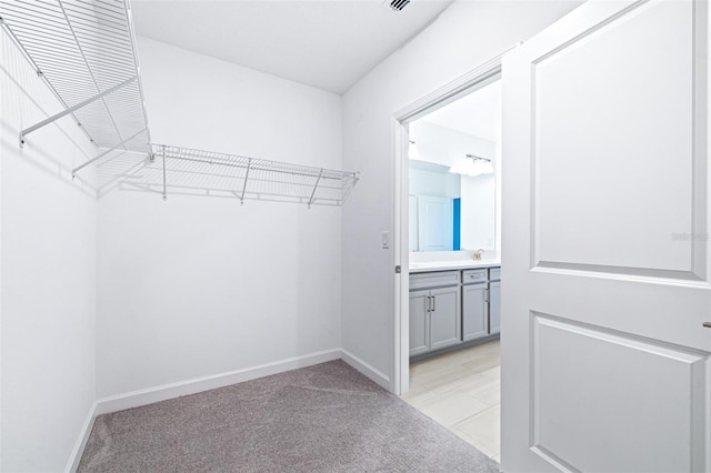 spacious closet with light colored carpet and sink