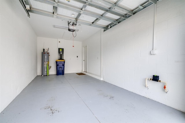 garage featuring water heater, a garage door opener, and electric panel