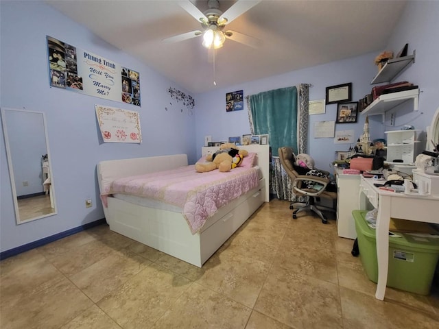 bedroom with light tile patterned floors and ceiling fan