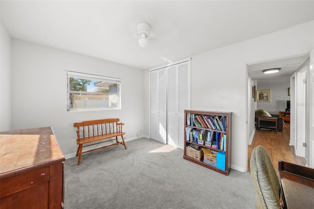 sitting room featuring light colored carpet