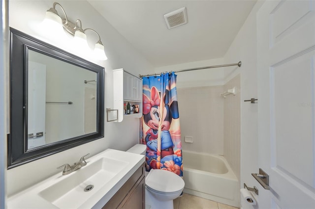 full bathroom with tile patterned flooring, vanity, shower / bathtub combination with curtain, and toilet