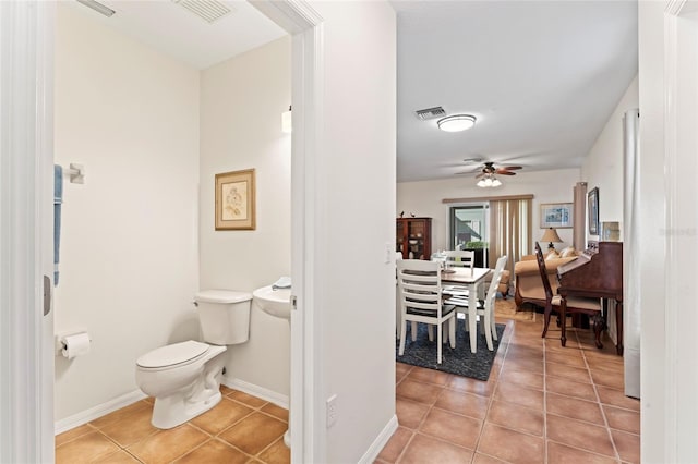 bathroom featuring tile patterned flooring, ceiling fan, and toilet