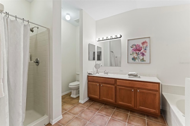 full bathroom featuring tile patterned floors, toilet, and independent shower and bath