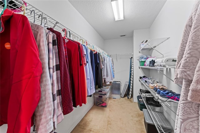 walk in closet with light carpet