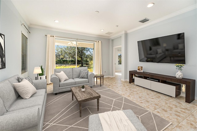 tiled living room featuring crown molding