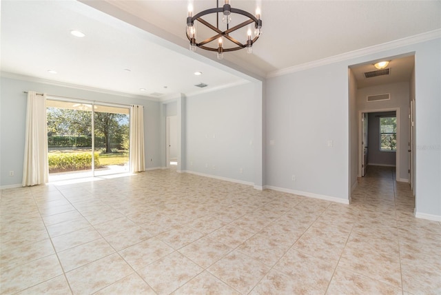 unfurnished room featuring an inviting chandelier, ornamental molding, and light tile patterned flooring