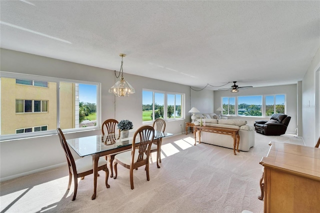 carpeted dining room with ceiling fan with notable chandelier and a textured ceiling