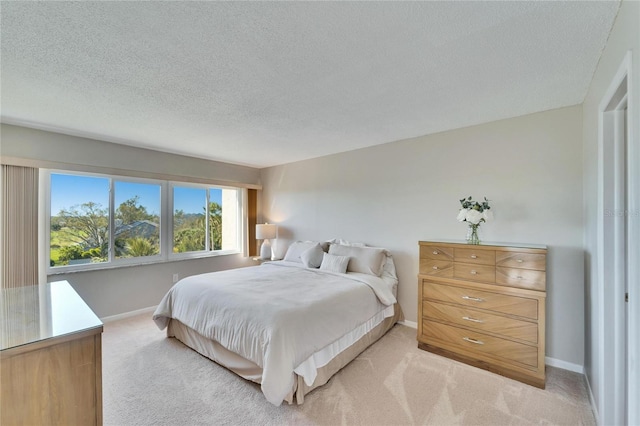 carpeted bedroom with a textured ceiling