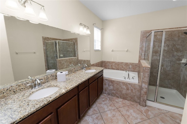 bathroom featuring vanity, tile patterned floors, and independent shower and bath