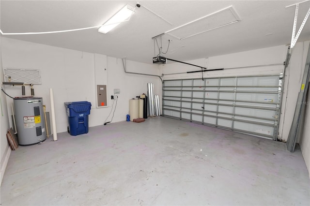 garage featuring a garage door opener, electric water heater, and electric panel