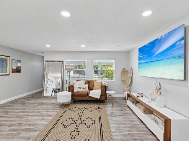 living room featuring a textured ceiling and light hardwood / wood-style floors