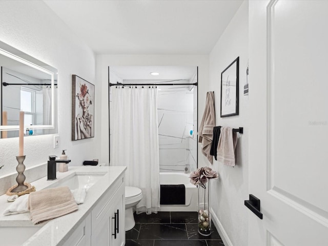 full bathroom with vanity, toilet, and shower / bath combo with shower curtain