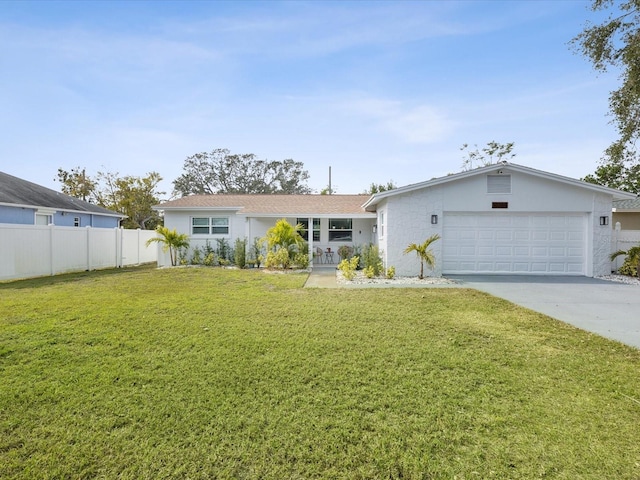 ranch-style home with a garage and a front lawn