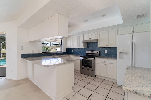 kitchen featuring white cabinetry, decorative backsplash, white refrigerator with ice dispenser, electric range, and kitchen peninsula