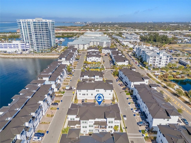 bird's eye view with a water view