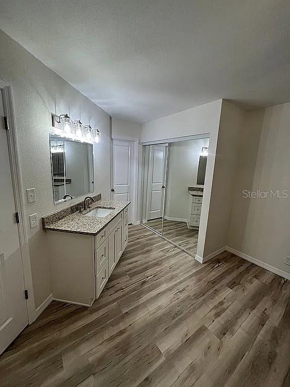 bathroom featuring vanity, hardwood / wood-style flooring, and a textured ceiling